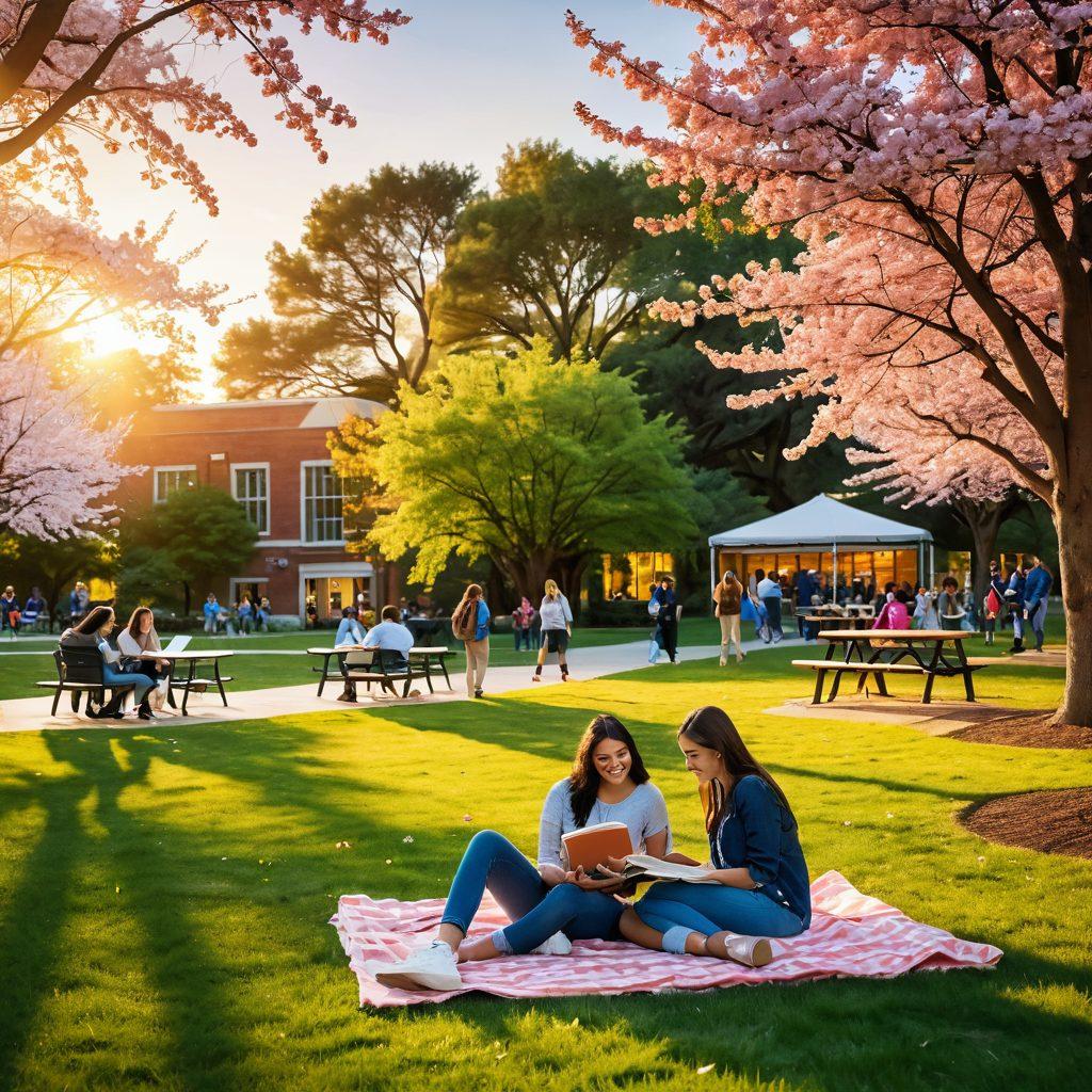 A vibrant university campus scene showcasing diverse students in a light-hearted study setting. Include elements like books, laptops, and a picnic area with couples enjoying each other's company, surrounded by blossoming trees symbolizing growth and connection. Incorporate a sunset in the background to evoke a warm, romantic atmosphere. super-realistic. vibrant colors. soft focus.