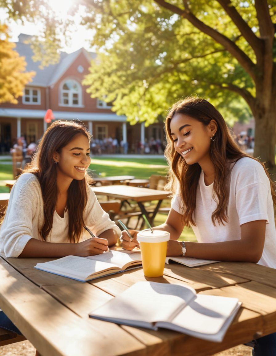 A vibrant college campus scene featuring two diverse students studying together at a picnic table, their books spread around them. In the background, there are other students engaging in various activities, symbolizing friendship and relationships. Soft sunlight filters through the trees, creating a warm and inviting atmosphere. Include elements like a coffee cup and playful notes to add a friendly touch. super-realistic. vibrant colors. sunny day.