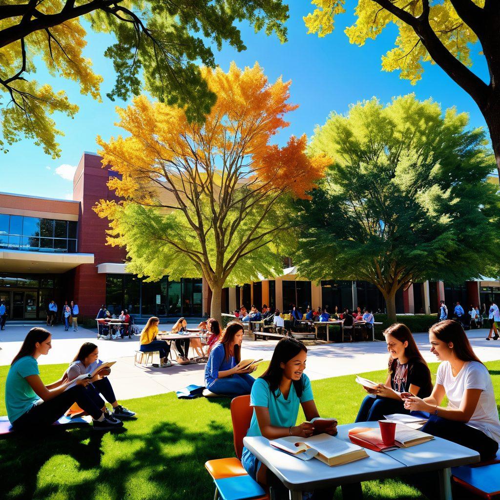 A vibrant university campus scene featuring diverse groups of students engaging in various activities that symbolize healthy relationships, like studying together, laughing, and sharing meals. Include a backdrop of lively trees and a sunny sky to convey a positive atmosphere. Incorporate elements like books and coffee cups to enhance the student lifestyle theme. super-realistic. vibrant colors.